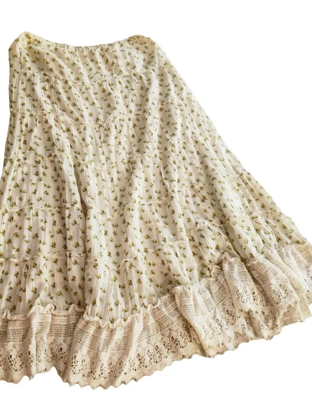 Ralph Lauren Cream Tiered A-Line Skirt with Green Floral Print